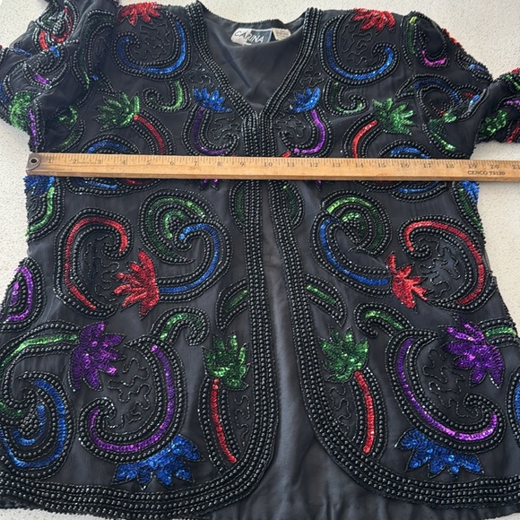 Vintage 80s Silk Sequin Beaded Long Sleeve ART DECO Jacket small India by Carina - Picture 9 of 15